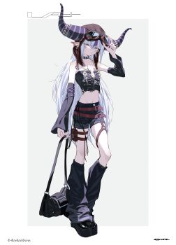 1girl absurdres adjusting_clothes adjusting_headwear alternate_costume aviator_cap aviator_goggles bag bare_shoulders belt belt_pouch black_bag black_choker black_horns black_leg_warmers black_nails black_shirt black_shoes black_shorts black_sleeves bone bone_necklace border character_name choker closed_mouth collarbone contrapposto copyright_name cropped_shirt demon_girl demon_horns detached_sleeves ears_through_headwear flat_chest full_body gam_1124 goggles goggles_on_headwear hand_up hashtag-only_commentary highres holding holding_bag hololive horns jitome la+_darknesss leg_warmers long_hair long_sleeves looking_at_viewer looking_to_the_side multicolored_hair multiple_belts navel pointy_ears pouch shirt shoes shorts sleeveless sleeveless_shirt solo standing streaked_hair striped_horns virtual_youtuber white_border white_hair yellow_eyes