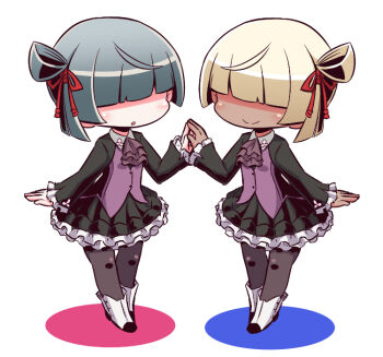 Rule 34 | 2girls, 7th dragon (series), 7th dragon iii, :o, black shirt, black skirt, blue hair, blush, boots, brown legwear, brown neckwear, chika (7th dragon), closed mouth, collared shirt, colored shadow, commentary request, facing another, frilled skirt, frilled sleeves, frills, hair over eyes, hair ribbon, hand up, holding hands, light brown hair, long sleeves, multiple girls, naga u, one side up, pantyhose, parted lips, pleated skirt, purple vest, red ribbon, ribbon, shadow, shirt, skirt, sleeves past wrists, smile, standing, vest, white background, white footwear