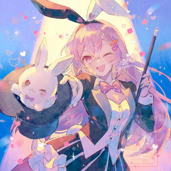 1girl animal animal_ear_hairband animal_ears artist_name black_hairband black_hat black_jacket black_skirt bow bowtie commentary_request fake_animal_ears hairband hat highres jacket long_hair long_sleeves looking_at_viewer magician mishiro_(iromishiro) one_eye_closed open_mouth original pink_bow pink_bowtie pink_eyes pink_hair rabbit rabbit_ear_hairband rabbit_ears shirt signature skirt solo top_hat upper_body white_hairband white_shirt