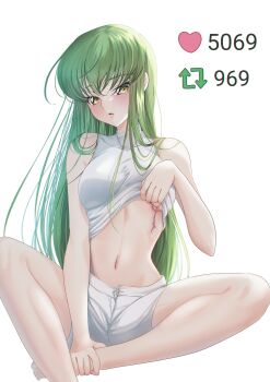 1girl absurdres backlighting bare_arms between_legs blush breasts budgiepon c.c. code_geass commentary commentary_request crossed_bangs english_commentary eyelashes foot_out_of_frame green_hair hair_between_eyes hair_over_shoulder hand_between_legs head_tilt highres holding_own_foot indian_style lips long_hair looking_at_viewer medium_breasts midriff navel parted_lips scar scar_on_breasts shirt shorts simple_background sitting sleeveless sleeveless_shirt solo stomach straight_hair twitter_strip_game undressing very_long_hair white_background white_shirt white_shorts yellow_eyes