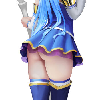 1girl aqua_(konosuba) ass ass_focus blue_boots blue_hair blue_shirt blue_skirt boots commentary cowboy_shot detached_sleeves emanuel_mendez english_commentary from_side highres holding holding_staff kono_subarashii_sekai_ni_shukufuku_wo! long_hair lower_body mage_staff miniskirt shirt simple_background skindentation skirt solo staff standing thigh_boots thighhighs thighhighs_under_boots underbutt very_long_hair white_background white_sleeves white_thighhighs