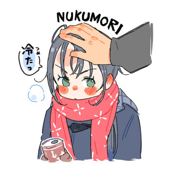 1boy 1girl alternate_costume bad_id bad_twitter_id black_coat black_hair blush can coat cropped_torso disembodied_hand ear_blush forehead_blush green_eyes hair_over_shoulder headpat holding holding_can jibakurei_(elite_unchi) kantai_collection long_hair no_pupils red_scarf romaji_text scarf simple_background solo_focus suzukaze_(kancolle) translation_request v-shaped_eyebrows white_background winter_clothes winter_coat