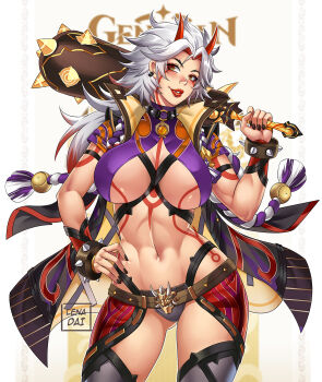 Rule 34 | 1girl, arataki itto, black nails, body markings, bracelet, breasts, club, club (weapon), colored tips, commentary, cowboy shot, fingernails, genderswap, genderswap (mtf), genshin impact, grey hair, hand on own hip, highres, holding, holding club, holding weapon, horns, jewelry, large breasts, lena dai, lipstick, long hair, looking at viewer, makeup, multicolored hair, nail polish, navel, nose, oni, orange eyes, parted lips, red horns, red lips, revealing clothes, smile, solo, spiked bracelet, spiked club, spikes, stomach, symbol-shaped pupils, weapon, white background