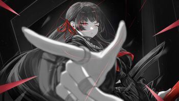 1girl absurdres blurry blurry_foreground chisa_(wuthering_waves) choker commentary depth_of_field fingernails greyscale hair_ribbon highres holding holding_sword holding_weapon jacket levvimi long_hair looking_at_viewer monochrome neckerchief one_eye_closed parted_lips red_eyes red_neckerchief red_ribbon ribbon sailor_collar shirt skirt solo spot_color sword upper_body weapon wuthering_waves