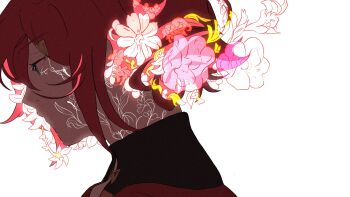 Rule 34 | 1girl, ange katrina, ange katrina (1st costume), blue eyes, closed mouth, commentary request, cutlery negi88, facial tattoo, flower, flower tattoo, glowing, glowing flower, glowing tattoo, hair flower, hair ornament, highres, looking down, neck tattoo, nijisanji, pink flower, portrait, profile, red hair, short hair, simple background, solo, tattoo, virtual youtuber, white background, white flower