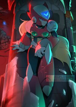 1boy armor blonde_hair chest_jewel forehead_jewel full_body halftone helmet highres long_hair mega_man_(series) mega_man_x_(series) red_armor red_helmet solo to_i_to_io zero_(mega_man)