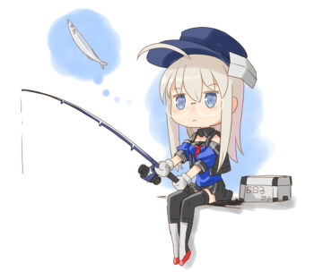 Rule 34 | 1girl, ahoge, black sailor collar, black skirt, black thighhighs, blue eyes, blue shirt, fish, fishing, fishing rod, glasses, gloves, grey hair, headgear, heywood l. edwards (kancolle), heywood l. edwards (saury festival) (kancolle), heywood l. edwards kai (kancolle), holding, holding fishing rod, kantai collection, katahira masashi, neckerchief, pleated skirt, red neckerchief, sailor collar, sailor shirt, saury, school uniform, serafuku, shirt, skirt, solo, speech bubble, tackle box, thighhighs, thought bubble, white gloves