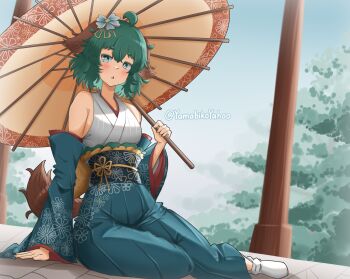 Rule 34 | 1girl, absurdres, ahoge, animal ears, arm support, bare shoulders, blush, commentary, detached sleeves, dog ears, dog girl, dog tail, flower, green eyes, green hair, hair flower, hair ornament, hakama, hakama skirt, highres, holding, holding umbrella, japanese clothes, kasodani kyouko, kimono, looking at viewer, oil-paper umbrella, outdoors, short eyebrows, short hair, sitting, skirt, socks, solo, symbol-only commentary, tail, touhou, umbrella, white kimono, white socks, yamabikoyahoo, yokozuwari