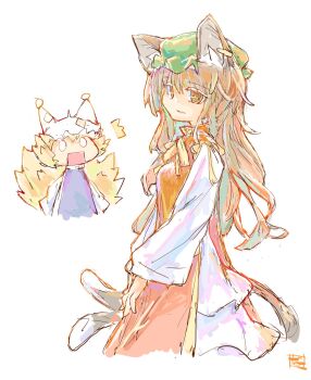 Rule 34 | 2girls, ^^^, aged up, alternate costume, animal ear fluff, animal ears, animal hat, blonde hair, blue tabard, brown hair, cat ears, cat tail, chen, commentary request, dress, earrings, fox tail, green hat, hat, highres, hoop earrings, jewelry, kitsune, long hair, long sleeves, looking at viewer, mob cap, multiple girls, multiple tails, nekomata, open mouth, red tabard, simple background, single earring, smile, solid oval eyes, tabard, tail, touhou, two tails, white background, white dress, yakumo ran, yamasina009