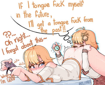 2girls ass blonde_hair blue_eyes blush breasts closed_eyes controller cunnilingus cypher_05 english_text game_controller highres hololive hololive_english medium_breasts medium_hair multiple_girls oral selfcest shirt skirt speech_bubble stopwatch surprised thick_eyebrows thought_bubble time_travel virtual_youtuber watch watson_amelia wavy_mouth yuri