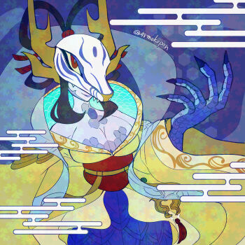 1girl 48mokopon breasts claws digimon digimon_(creature) dragon_girl mask red_eyes shagaramon