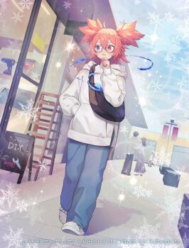 1girl :3 ahoge alicia_zinnia_goodwill bag black_bag blue_eyes blue_pants copyright_notice hand_in_pocket heterochromia highres hood hoodie medium_hair official_art open_mouth outdoors pants people pink_hair red_eyes round_eyewear shoes shoulder_bag slime_(creature) snowflakes sparkle twintails two_side_up white_hoodie white_shoes z/x