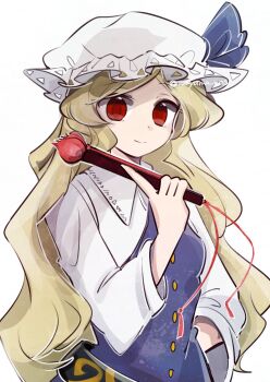 Rule 34 | 1girl, artist name, blonde hair, commentary request, dress, folded fan, folding fan, hand fan, hat, highres, holding, holding fan, long hair, looking at viewer, mob cap, purple dress, red eyes, shirt, simple background, solo, tama (hiroshige 36), touhou, watatsuki no toyohime, white background, white hat, white shirt