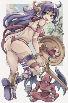 1boy 1girl ahoge ando606mph ass athena_(series) back blue_sky capcom chalice claws colored_skin cup demon demon_wings fingerless_gloves gloves gold highres leaf long_hair looking_at_viewer looking_back makaimura nails plant_roots pointy_ears princess_athena purple_eyes purple_hair red_arremer red_skin rock sandals shield sky slime snk soles svc_chaos sword weapon wings