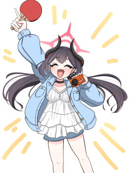 Rule 34 | 1girl, alternate costume, arm up, bare legs, black hair, blue archive, blue jacket, camera, chiaki (blue archive), closed eyes, dress, halo, highres, horns, index finger raised, jacket, kagera, paddle, shorts, simple background, solo, table tennis paddle, white background, white dress