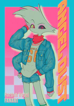 1boy absurdres alternate_costume angel_dust arm_at_side arm_behind_back black_sclera blue_border blue_jacket blue_shorts border character_name checkered_background chromatic_aberration closed_mouth clothes_writing collared_jacket colored_sclera commentary_request copyright_name denim denim_jacket denim_shorts extra_arms eyeshadow facial_mark feet_out_of_frame film_grain furry furry_male halftone halftone_background hand_in_pocket hand_on_own_hip hazbin_hotel hellaverse highres jacket long_sleeves looking_at_viewer makeup menma_(enaic31) mismatched_sclera open_clothes open_jacket outside_border pink_background pink_eyes pink_eyeshadow red_sweater shirt short_shorts shorts simple_background solo standing sweater turtleneck turtleneck_sweater v-shaped_eyebrows white_fur white_shirt yellow_sclera