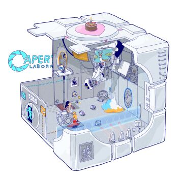 1girl adventure_core aperture_laboratories aperture_science_weighted_companion_cube arm_support arrow_(projectile) atlas_(portal) bare_shoulders black_forest_cake black_hair bone_(stare) bottle cake candle candlestand caroline_(portal) cave_johnson character_name chell cross-section cube cup deer door drawing_(object) english_text fact_core fire food glados handprint heart interior isometric jumpsuit ladder laser leaning logo long_hair machine p-body pastry personality_core platform ponytail portal portal_(series) portal_1 portal_2 portrait_(object) radio robot room screen sentry_turret_(portal) simple_background sitting space_core tank_top valve wheatley white_background x-ray