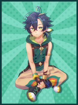 1boy absurdres aged_down ahoge black_hair boots child commentary english_commentary fingerless_gloves genshin_impact gloves green_background green_eyes green_hair highres ivlice kinich_(genshin_impact) looking_at_viewer male_focus multicolored_hair pants solo streaked_hair