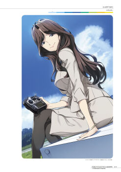 brown_eyes brown_hair brown_jacket brown_skirt controller fukuda_tomonori highres holding holding_controller jacket long_hair looking_back non-web_source official_art pantyhose robotics;notes science_adventure senomiya_misaki sitting skirt smile