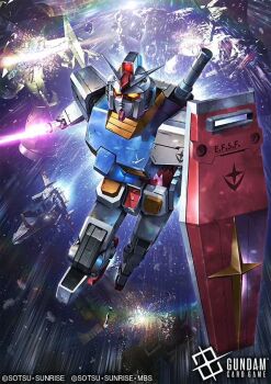 asteroid battle beam_cannon canards cannon card_game copyright_notice debris destruction earth_federation_space_forces energy_beam energy_sword explosion g-fighter glowing glowing_eyes gundam gundam_card_game logo machinery mecha mecha_focus mobile mobile_suit mobile_suit_gundam nebula no_humans official_art realistic robot roundel rx-78-2_gundam science_fiction shield space star_(sky) sunrise_(company) sword title toriyufu v-fin weapon wreckage yellow_eyes zaku_ii
