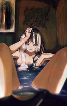 1girl absurdres bathing black_hair blue_eyes breasts byxis cleavage commentary_request highres hololive hololive_dev_is juufuutei_raden looking_at_viewer medium_breasts multicolored_hair nude open_mouth solo twintails two-tone_hair virtual_youtuber white_hair