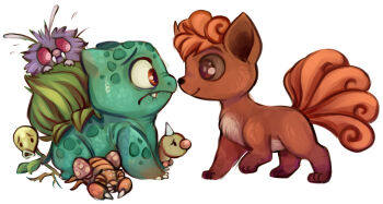 Rule 34 | bellsprout, bulbasaur, closed eyes, closed mouth, cowering, fang, gen 1 pokemon, multiple tails, nintendo, no humans, noses touching, orange hair, paras, peeking out, pokemon, pokemon (creature), red eyes, sharkie-19, simple background, sitting on animal, smile, standing, sweatdrop, tail, venonat, vulpix, weedle, white background