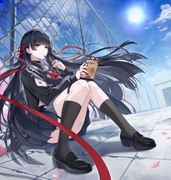 1girl absurdres arm_cutout black_choker black_hair black_jacket black_serafuku black_shirt black_shoes black_skirt black_socks blue_sky breasts bright_pupils chain-link_fence chisa_(wuthering_waves) choker clothing_cutout commentary day fence food hair_ribbon highres holding holding_food holding_pocky jacket knees_together_feet_apart long_hair long_sleeves medium_breasts neckerchief on_roof outdoors pink_petals pocky red_eyes red_neckerchief red_ribbon ribbon sailor_collar school_uniform serafuku shirt shoes sitting skirt sky socks solo ssong990 tacet_mark_(wuthering_waves) white_pupils white_sailor_collar wind wuthering_waves