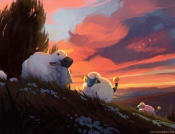 ashley_coad cloud dusk gen_2_pokemon gen_8_pokemon hill mareep nintendo no_humans outdoors pokemon pokemon_(creature) sheep sky watermark web_address wooloo