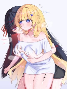 alternate_costume bare_shoulders black_hair black_shirt blonde_hair blue_eyes blush breasts breath chisa_(wuthering_waves) closed_mouth collarbone commentary english_text grabbing_another's_breast grabbing_from_behind groping hair_ornament hair_ribbon highres long_hair long_shirt looking_at_another medium_breasts off-shoulder_shirt off_shoulder patreon_username phoebe_(wuthering_waves) red_eyes red_ribbon ribbon shirt sillymyne sweat tacet_mark_(wuthering_waves) thighs very_long_hair white_shirt wuthering_waves x_hair_ornament yuri