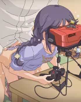 1boy 1girl age_difference blush braid clothed_sex clothes_pull commentary_request controller doggystyle game_console hair_ornament hetero idolmaster idolmaster_cinderella_girls indoors joystick kneeling leaning_forward loli long_hair miyoshi_sana multitasking oekaki panties pillow_princess playing_games purple_hair purple_panties sex sex_from_behind shorts shorts_pull solo_focus sweat tomu_(tomubobu) twin_braids underwear virtual_boy