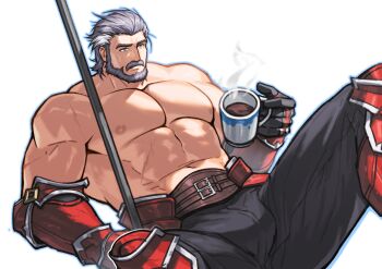 1boy abs absurdres bara beard bulge chinese_commentary closed_mouth coffee_mug commentary_request cross_scar cup duessel_(fire_emblem) facial_hair fire_emblem fire_emblem:_the_sacred_stones gauntlets grey_hair grey_pants highres holding holding_cup knee_armor male_focus mug multiple_scars muscular muscular_male mustache navel nintendo nipples old old_man pants pectorals scar scar_on_arm scar_on_shoulder scar_on_stomach steam topless_male white_background zhuganchangjiadan