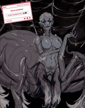 1girl annabelle_cane arachne arthropod_girl arthropod_limbs blackberreh-art breasts bug carapace commentary dark-skinned_female dark_skin design_speculation earrings english_commentary extra_eyes highres insect_girl jewelry lips monster monster_girl necklace nipples pointy_ears short_hair silk smile spider spider_girl spider_web taur the_magnus_archives very_short_hair