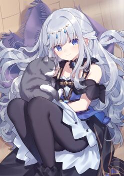 Rule 34 | 1girl, absurdres, adina (black survival), animal, bare shoulders, black boots, black pantyhose, black survival, blue dress, blue eyes, blush, boots, cat, closed mouth, commentary, commission, dress, eternal return: black survival, feet out of frame, grey cat, grey hair, highres, hiraga matsuri, long hair, looking at viewer, lying, off-shoulder dress, off shoulder, on back, pantyhose, skeb commission, smile, solo, wooden floor