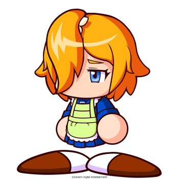 1girl apron artist_request blue_eyes blue_shirt blue_skirt brown_shoes commentary_request copyright_notice gloom_(expression) green_apron hair_over_one_eye hakata_asune jikkyou_powerful_pro_yakyuu jikkyou_powerful_pro_yakyuu_(style) long_sleeves multicolored_shoes no_mouth official_art orange_hair ponytail power_pro_appli rayman_limbs school_uniform shirt shoes skirt solo two-tone_shoes white_background white_shoes