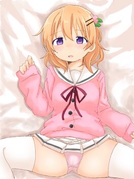 Rule 34 | 1girl, arm at side, bed sheet, blonde hair, blush, breasts, buttons, dakimakura (medium), female focus, flower, from above, gochuumon wa usagi desu ka?, hair flower, hair ornament, hairclip, hand up, hoto cocoa, large variant set, long sleeves, looking at viewer, lying, medium hair, miniskirt, neck ribbon, on back, open mouth, panties, pink panties, pink shirt, pleated skirt, ponnu (tnpn2yw), purple eyes, purple ribbon, raised eyebrows, ribbon, sailor collar, school uniform, shirt, sidelocks, skirt, small breasts, solo, spread legs, thighhighs, underwear, variant set, white background, white sailor collar, white thighhighs