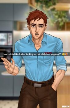 beard belt blue_shirt brown_eyes brown_hair brown_pants dispatch emoji english_text facial_hair hand_in_pocket highres invisigal kitchen pants photo_background raijin_(raijin_san3) robert_robertson shirt snapchat