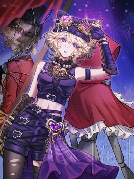 2girls arm_belt arm_up asymmetrical_legwear bare_shoulders belt black_pantyhose black_streaks black_thighhighs blonde_hair braid broken_glass broken_mirror brooch bustier claw_ring cowboy_shot crop_top crown_braid curtains dual_persona dutch_angle elbow_gloves eyewear_on_headwear frilled_gloves frills from_behind glass gloves hand_up hashtag-only_commentary hat heart heart_brooch highres identity_v jacket jewelry lace lace_gloves lene_lyn1 looking_at_viewer midriff mini_hat mirror multicolored_hair multiple_girls navel pantyhose parted_bangs pink-tinted_eyewear purple_bustier purple_eyes purple_gloves purple_shorts red_jacket robot short_twintails shorts streaked_hair thighhighs tinted_eyewear tracy_reznik tracy_reznik_(lock_core) tracy_reznik_(lockheart) twintails