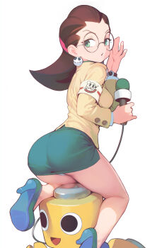 1girl ass ataruman blush breasts brown_hair commentary_request earrings green_eyes hair_pulled_back hairband highres jewelry long_hair long_sleeves looking_at_viewer looking_back medium_breasts mega_man_(series) mega_man_legends_(series) microphone miniskirt pencil_skirt pink_hairband servbot_(mega_man) skirt skull_earrings tron_bonne_(mega_man)