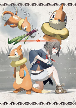 Rule 34 | 1girl, :<, absurdres, alternate eye color, brown hair, brown shoes, buizel, closed mouth, commentary request, cropped hoodie, fangs, feather ball, gen 4 pokemon, glassy0302, grey hoodie, hair bun, hair ornament, highres, holding, holding poke ball, hood, hood down, hoodie, kuraishi ringo (glassy0302), long sleeves, medicinal leek (pokemon), medium hair, midriff, motion blur, mouth hold, nintendo, on one knee, open mouth, original, poke ball, pokemon, pokemon (creature), pokemon legends: arceus, red eyes, shoes, shorts, single hair bun, tassel, teeth, underwater, upper teeth only, white shorts