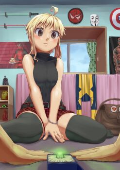 10s 1girl ahoge anonymous_(4chan) bare_shoulders batman black_thighhighs blush cake captain_america costume dc_comics deadpool deadpool_(series) energy_sword food green_lantern guy_fawkes guy_fawkes_mask hellboy iron_man jewelry lightsaber marriage_proposal marvel mask panties pantyshot ring rog_rockbe shield sitting skirt spider-man splinter_cell star_wars superman surprised sword the_riddler thighhighs toy underwear upskirt v_for_vendetta wariza weapon wolverine_(x-men) x-men