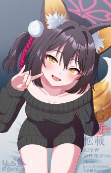1girl :d absurdres animal_ear_fluff animal_ears black_sweater blue_archive breasts brown_hair commission fang fox_ears fox_girl fox_shadow_puppet fox_tail halo hand_up highres izuna_(blue_archive) large_breasts long_sleeves looking_at_viewer medium_hair no_pants off-shoulder_sweater off_shoulder one_side_up open_mouth ribbed_sweater sitting skeb_commission skin_fang smile sweater tail yellow_eyes yutagarasu