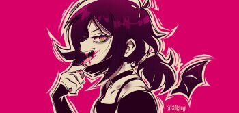 1girl 39tsugi :d adjusting_mask ahoge ashley_graves bare_shoulders bat_wings black_choker black_hair black_mask black_shirt black_wings blood blood_from_mouth bra_strap bright_pupils bruise bruise_on_shoulder choker collarbone commentary_request fangs from_side green_eyes hair_tie halftone hand_up highres long_sleeves looking_at_viewer low_ponytail mask medium_hair mouth_mask multicolored_eyes off-shoulder_shirt off_shoulder open_mouth outline pink_background pink_blood pink_eyes ponytail portrait profile shirt sideways_glance simple_background sleeves_past_wrists smile solo teeth the_coffin_of_andy_and_leyley tongue tongue_out twitter_username two-tone_eyes upper_teeth_only vampire_(vocaloid) white_outline white_pupils wings