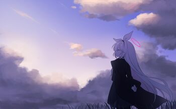 1girl absurdres arms_behind_back black_choker black_coat black_hairband black_serafuku black_skirt blue_archive choker closed_eyes cloud coat dawn from_side grass hair_ribbon hairband halo highres long_hair neckerchief outdoors own_hands_together pineap000 pink_halo plana_(blue_archive) purple_sky ribbon school_uniform serafuku skirt sky solo very_long_hair white_hair white_neckerchief white_ribbon