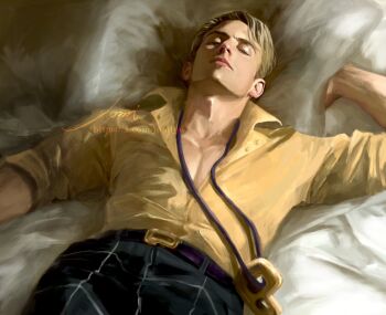 1boy bed belt black_pants blonde_hair closed_eyes closed_mouth collared_shirt hashtag-only_commentary highres jewelry jojo_no_kimyou_na_bouken jomijjd lips lying magatama magatama_necklace male_focus necklace on_back on_bed pants partially_unbuttoned pectorals pillow popped_collar prosciutto_(jojo) shirt short_hair signature sleeping sleeves_rolled_up solo vento_aureo yellow_shirt