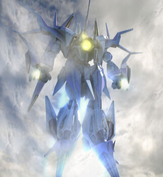 3d absurdres cloud floating glowing glowing_eyes hades_project_zeorymer highres lys_(hao3191570) mecha no_humans rain robot smoke super_robot zeorymer
