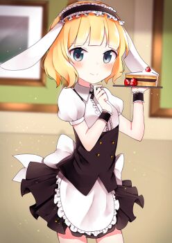 Rule 34 | 1girl, animal ears, apron, aqua eyes, bad id, bad pixiv id, black skirt, blonde hair, blouse, blunt bangs, blush, cake, collared shirt, cowboy shot, fake animal ears, female focus, fleur de lapin uniform, floppy ears, food, framed, frilled shirt, frills, fruit, gochuumon wa usagi desu ka?, headdress, holding, holding tray, indoors, kirima syaro, kurut, kurutsu, looking at viewer, puffy short sleeves, puffy sleeves, rabbit ears, shirt, short hair, short sleeves, skirt, smile, solo, strawberry, tray, waist apron, wall, white shirt, wrist cuffs