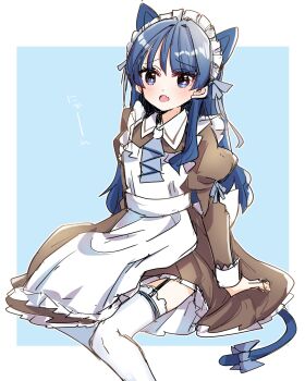 1girl animal_ears apron ascot blue_ascot blue_background blue_bow blue_eyes blue_hair blush border bow brown_dress cat_brooch cat_ears cat_girl cat_tail clothes_lift collared_dress commentary contrast_collar dress dress_lift fang frilled_apron frills garter_straps highres invisible_chair juliet_sleeves kanduki_kamibukuro kemonomimi_mode link!_like!_love_live! long_sleeves looking_at_viewer love_live! maid maid_apron maid_headdress medium_dress murano_sayaka nyan_nyan_nyan_fair_in_gamers outside_border puffy_sleeves raised_inner_eyebrows simple_background sitting skin_fang solo tail tail_bow tail_ornament thighhighs virtual_youtuber white_apron white_border white_thighhighs