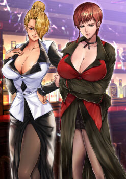 2girls bar bikini blonde_hair blue_eyes breasts brown_eyes brown_hair curvy dress female_focus formal_clothes huge_breasts large_breasts long_hair looking_at_viewer mature_(kof) multiple_girls oyaman oyaman_comic pale_skin pantyhose see-through_clothes short_hair skirt smile smiley_face standing suit swimsuit table the_king_of_fighters thick_thighs thighhighs thighs vice_(kof) wide_hips
