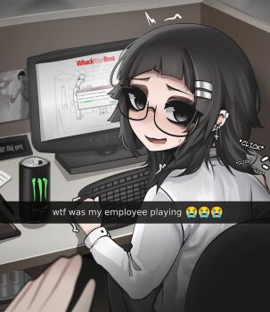 1girl absurdres arched_bangs black-framed_eyewear black_eyes black_hair can caption commentary computer_keyboard cross cross_earrings crying_emoji cubicle drink_can earrings emoji employee_uniform english_commentary english_text glasses hair_ornament hairclip highres indoors jewelry long_sleeves looking_at_viewer markiplier medium_hair mikuneki monitor monster_energy office open_mouth original parallel_hairclips pov pov_hands real_life riyo_kaede_(mikuneki) semi-rimless_eyewear shirt sitting small_sweatdrop smile solo_focus sound_effects twitching under-rim_eyewear video_game white_shirt window_(computing)