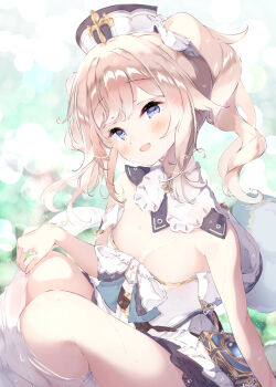 Rule 34 | 1girl, absurdres, barbara (genshin impact), blonde hair, blue eyes, blurry, blurry background, blush, breasts, commentary request, dress, drill hair, genshin impact, head tilt, highres, kneeling, long hair, looking at viewer, open mouth, partially submerged, small breasts, solo, strapless, strapless dress, twin drills, ukiwakisen, wet, white dress